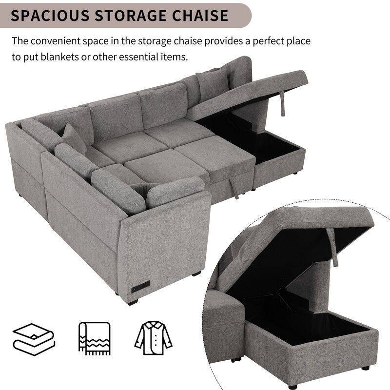 Merax U-shaped Sectional Sofa Pull Out Sofa Bed with 2 USB Ports