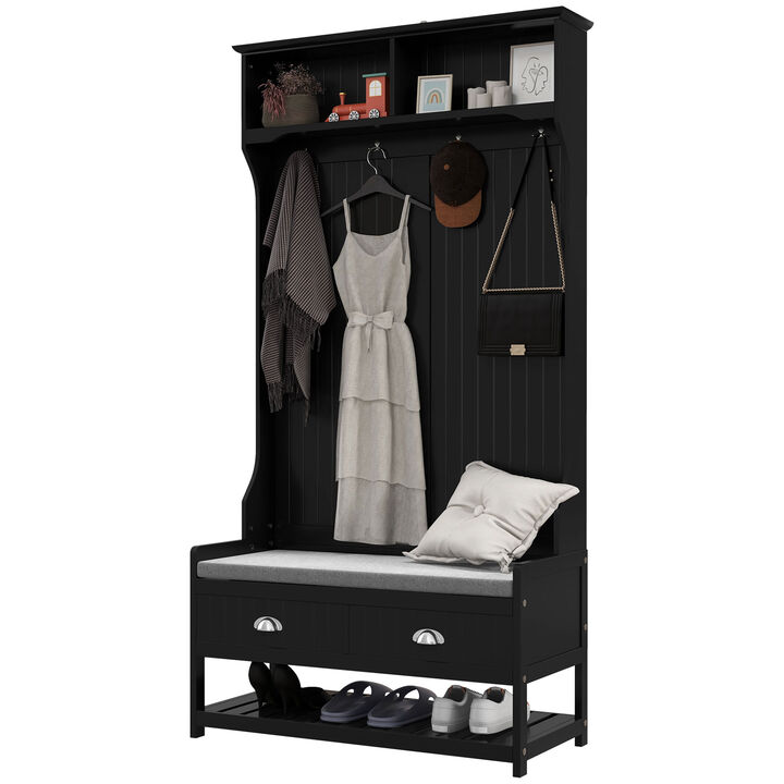 HOMCOM 3-in-1 Hall Tree, Entryway Bench with Coat Rack, Mudroom Bench with Shoe Rack, 2 Storage Drawers, 4 Hooks and Padded Seat Cushions for Hallway, Black