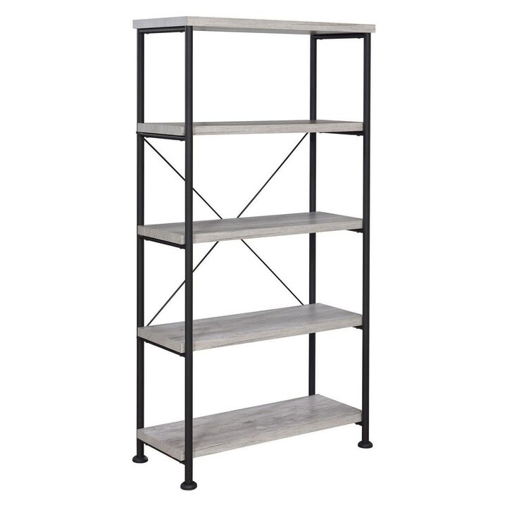 Sophisticated Wood and Metal Open Bookcase, Gray-Benzara