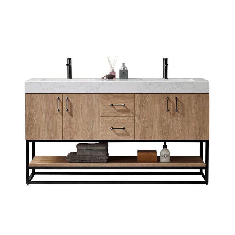 Vinnova Design 60B Double Vanity with White Grain Stone Countertop Without Mirror