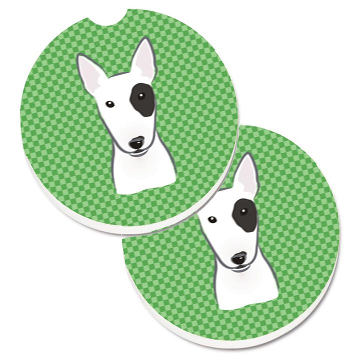 Caroline's Treasures green Checkered Bull Terrier Set of 2 Cup Holder Car Coasters BB1132CARC, 2.56, Multicolor