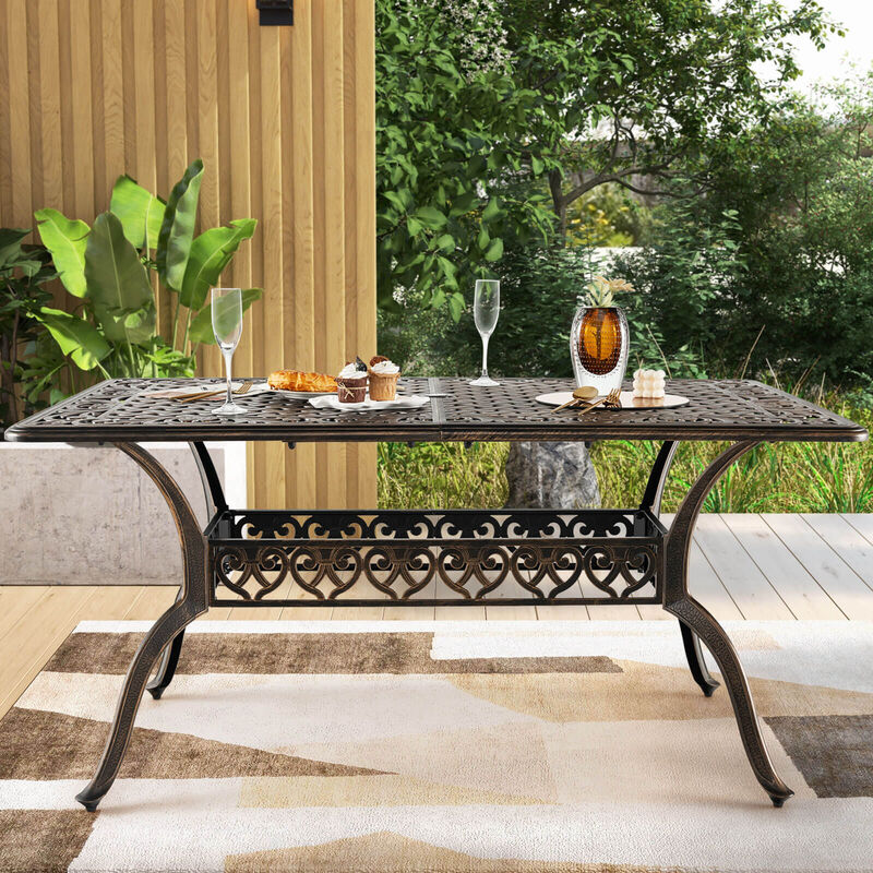 59 Inch Aluminum Patio Dining Table with Umbrella Hole fot 6 Persons