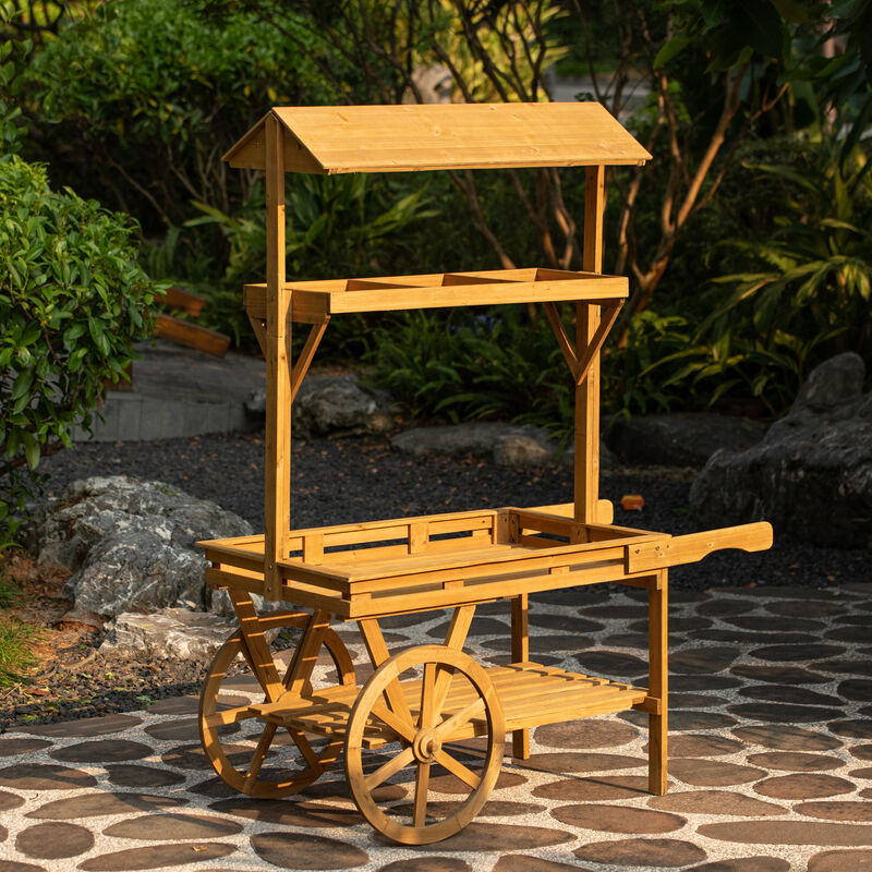 Wooden 3 Tier Rolling Table Cart With 2 Wheels for Home Decor, Display Rack, Lemonade stand, Food Stand, or Tea Stall