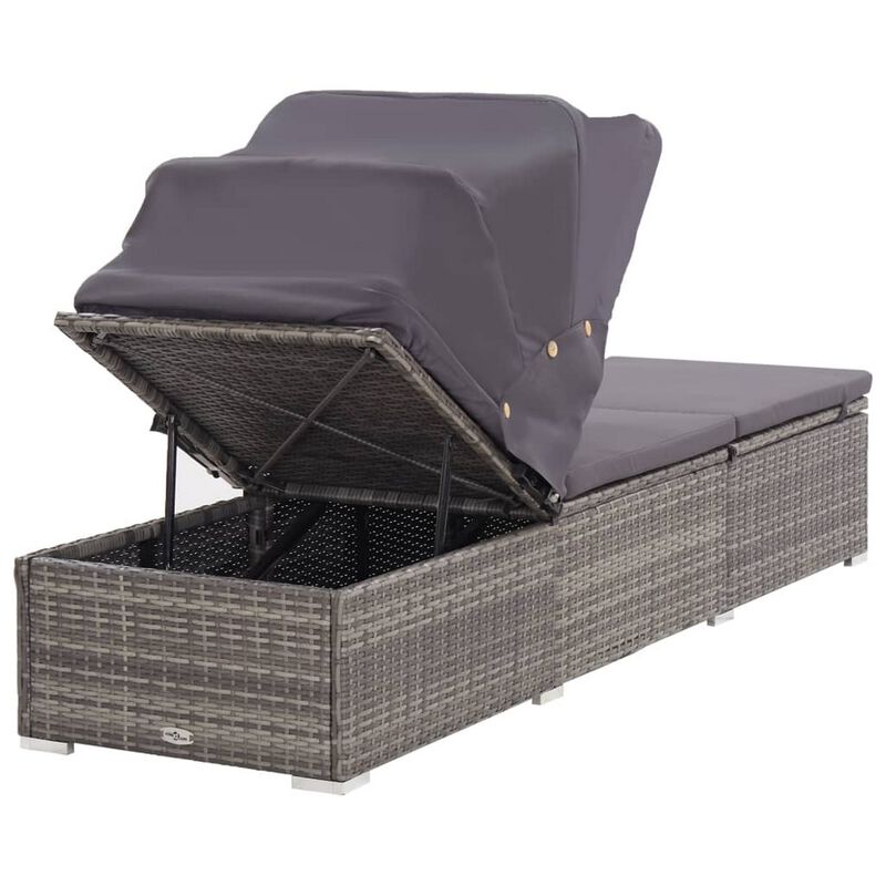 Casey Sun Chaise Lounger with Canopy, Cushion, Gray Rattan, 77 Inch - Benzara