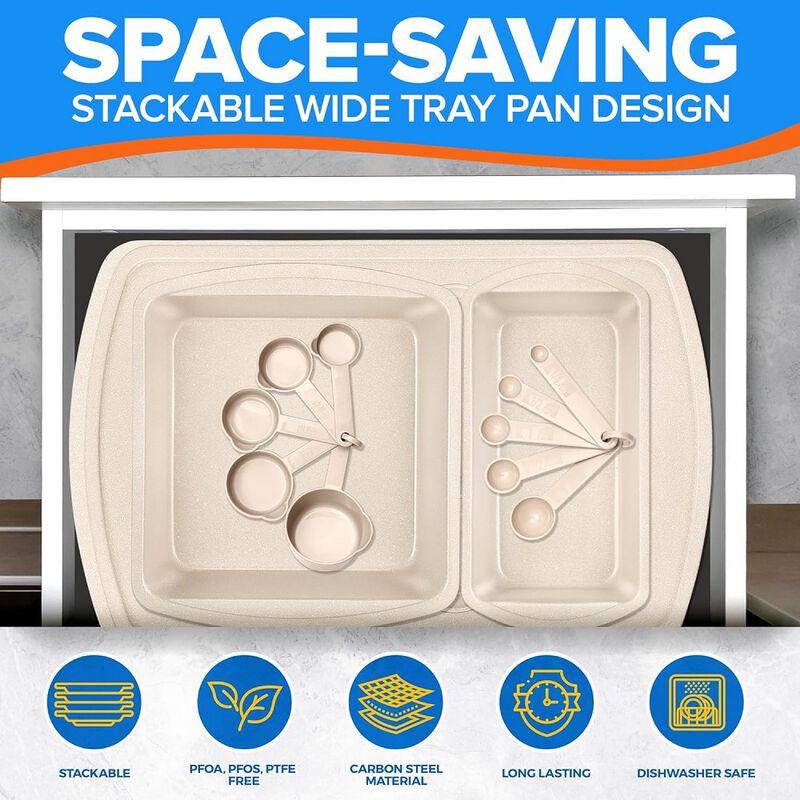 Stackable Baking Pan Set - Deluxe Nonstick White Marble Coating, Carbon Steel Bakeware Sets, PFOA, PFOS, PTFE Free, Recipe Booklet Included, Oven Safe (Up to 450°F), Set of 7 - White