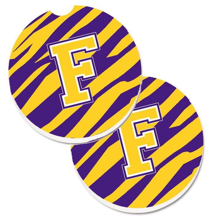 Caroline's Treasures Letter F Monogram - Tiger Stripe - Purple Gold Set of 2 Cup Holder Car Coasters CJ1022-FCARC, 2.56, Multicolor