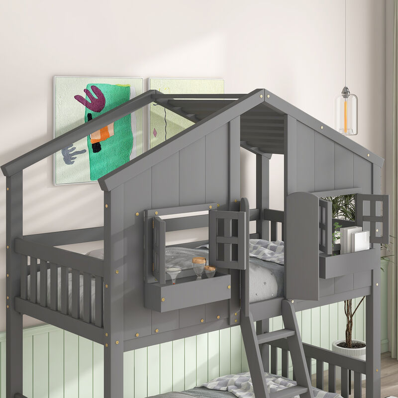 Twin over Twin House Bunk Bed with Roof , Window, Window  Box, Door , with Safety Guardrails and Ladder,White