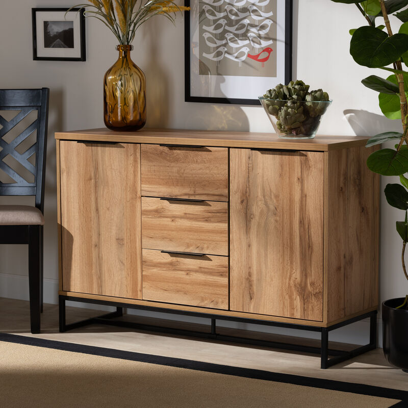 Baxton Studio Reid Modern Industrial Oak Finished Wood 3 Drawer Sideboard Buffet