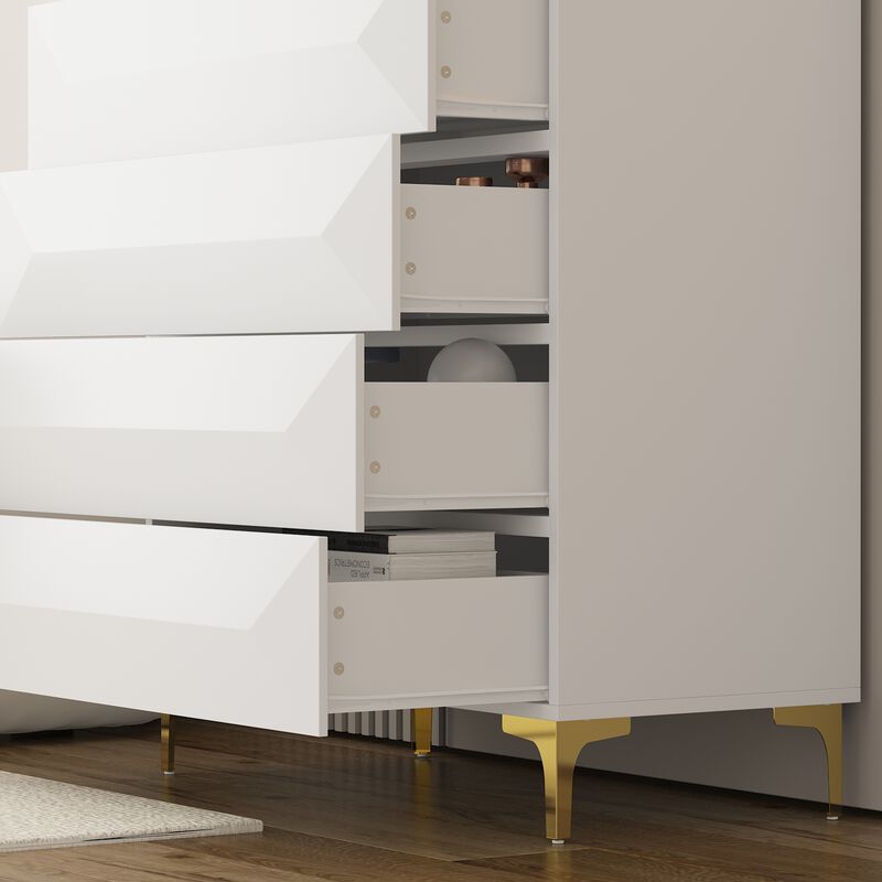 FUFU&GAGA 5-Drawer Chest with Geometric Front Design, Sturdy Metal Legs, (31.5" W x 15.7" D x 41.3" H), White