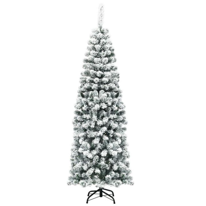 Hivvago 6 Feet Unlit Hinged Snow Flocked Artificial Pencil Christmas Tree with 500 Branch Tip Hivvago 6 Feet Unlit Hinged Snow Flocked Artificial Pencil Christmas Tree with 500 Branch Tip