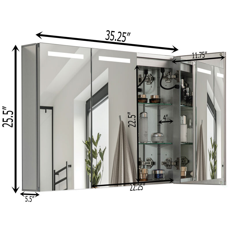 Basicwise 3-Door Versatile Bathroom Medicine Cabinet with Anti-Fog LED Mirror, Waterproof Aluminum, Surface or Recessed Mount, 2 Adjustable Glass Shelves, Wall Cabinet for Bathroom Storage, Silver