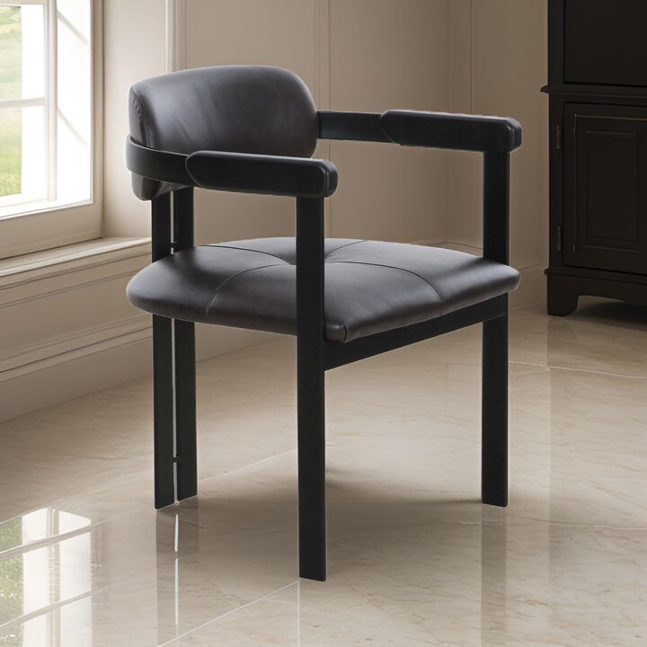Anta Dining Chair, Black Iron Slats Back, Dark Brown Genuine Leather - Benzara