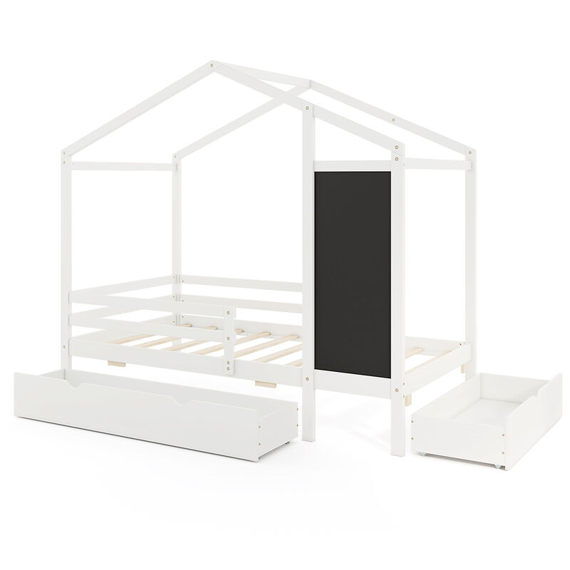 Kids Bed with 2 Drawers Solid Wood Bed with Blackboard