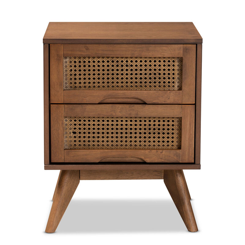 Baxton Studio Barrett Walnut Brown Finished Wood And Synthetic Rattan 2 Drawer Nightstand