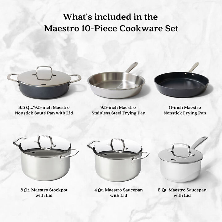 Alva Maestro 10-Piece Professional Cookware Collection - Premium Nonstick Frying Pans, Stock Pot, Saucepan & Saute Pan w/ Lid - Non-Toxic PFAS/PFOA/PTFE-Free Pots & Pans Set - All Stovetop Compatible