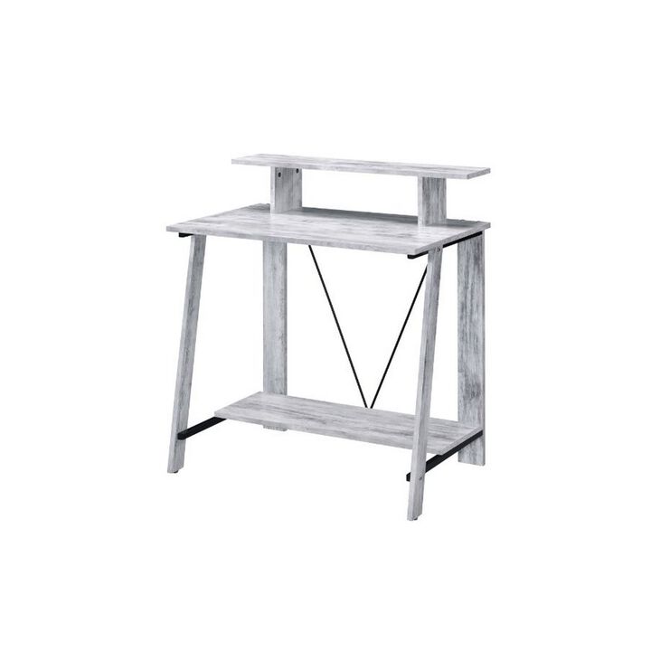 Writing Desk with V Shaped Frame, Antique White and Black-Benzara