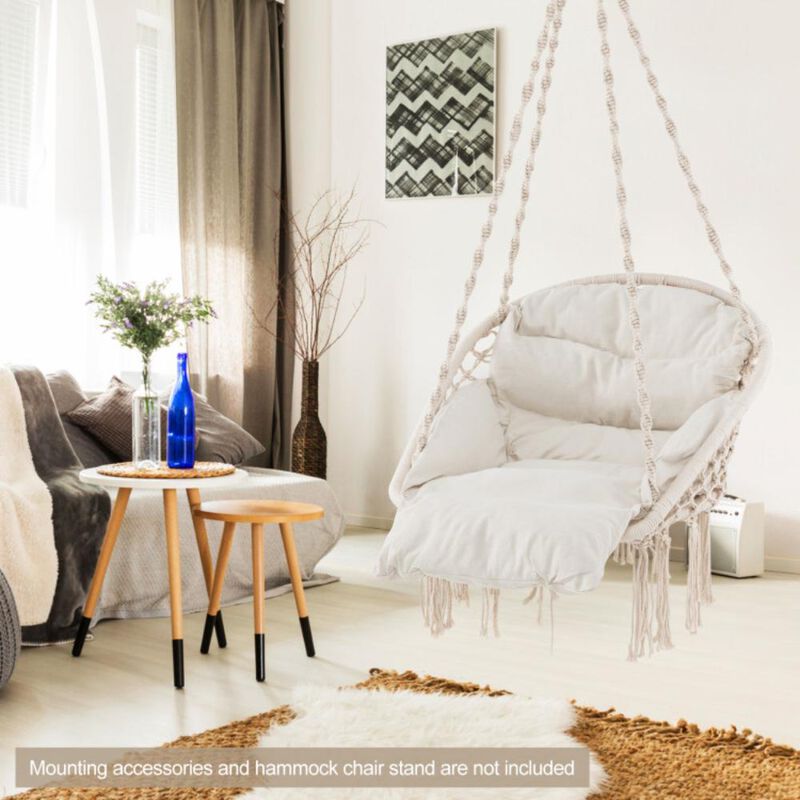 Hivvago Hammock Chair with Thick Cushion & Macrame Holds up to 330 LBS-Beige