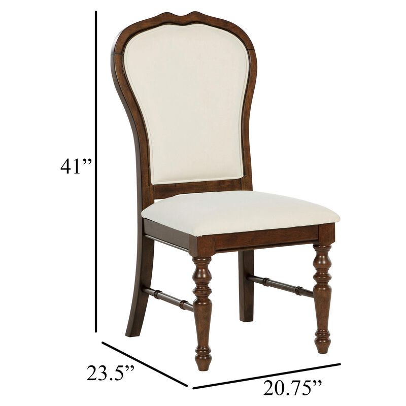 Monta Dining Side Chair Set of 2, Classic Brown Wood, Ivory Fabric - Benzara
