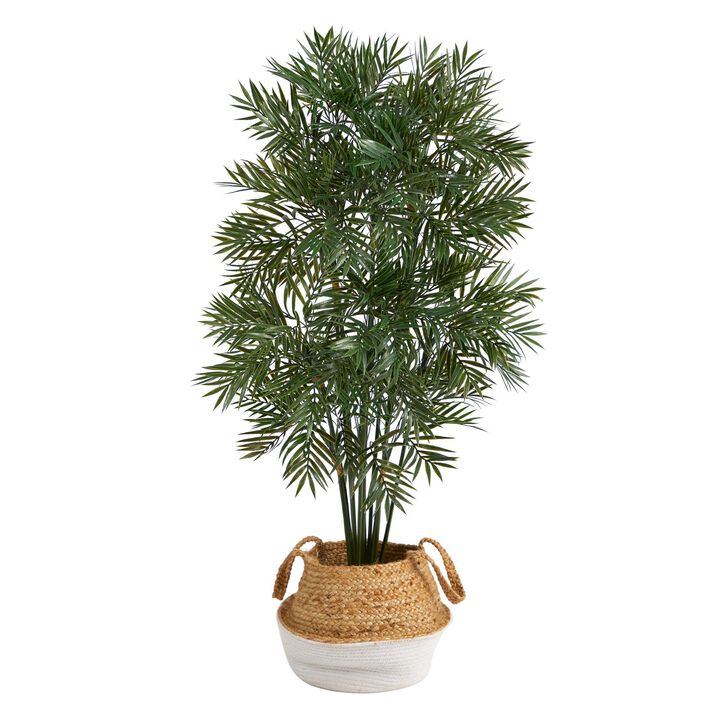 Nearly Natural 4-ft Parlor Palm Tree in Handmade Cotton & Jute White Planter