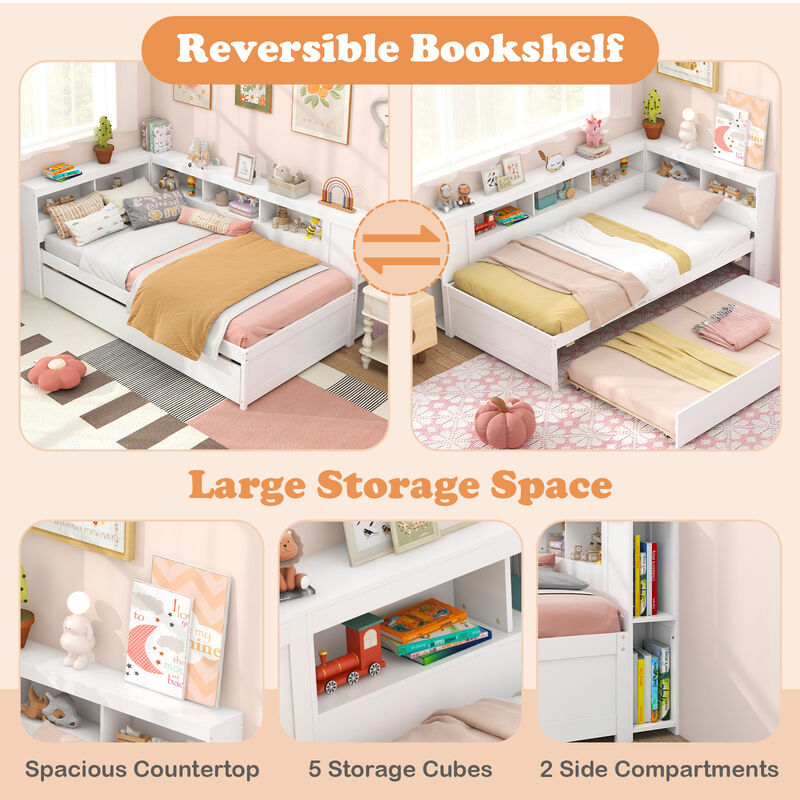 Daybed Platform Bed Frame with Trundle and Bedside Shelves for Space-Saving and Convenient Storage