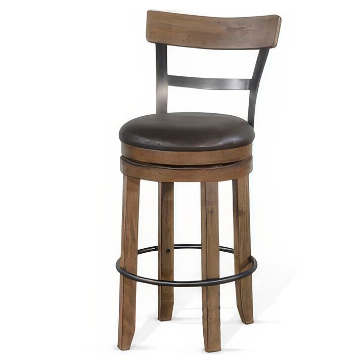 Yael Swivel Barstool Chair Set of 2, Gray Faux Leather, Brown, Black - Benzara