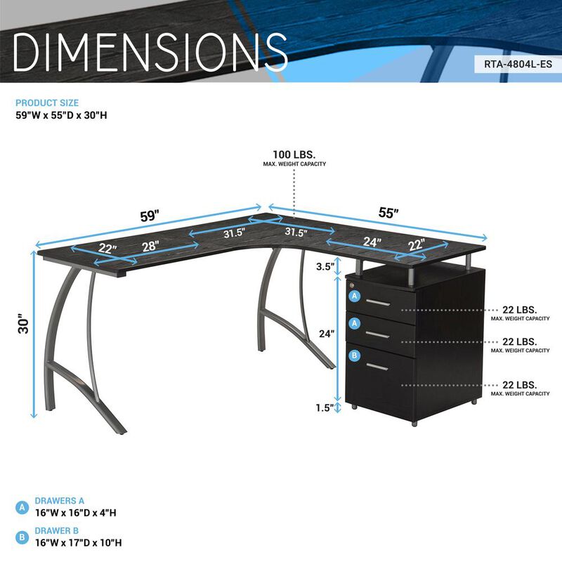 Techni Mobili Modern L- Shaped Computer Desk with File Cabinet and Storage. Color: Espresso