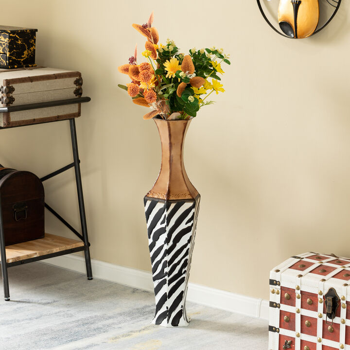 26-inch Tall White Striped and Brown Metal Floor Vase: Premium Centerpiece for Home Decor fill with Dried Flower and Artificial Floral Arrangements, Living Room and Bedroom Decoration