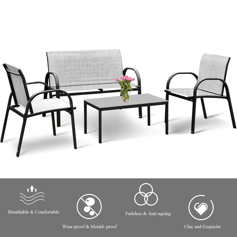 4 Pieces Patio Furniture Set with Glass Top Coffee Table