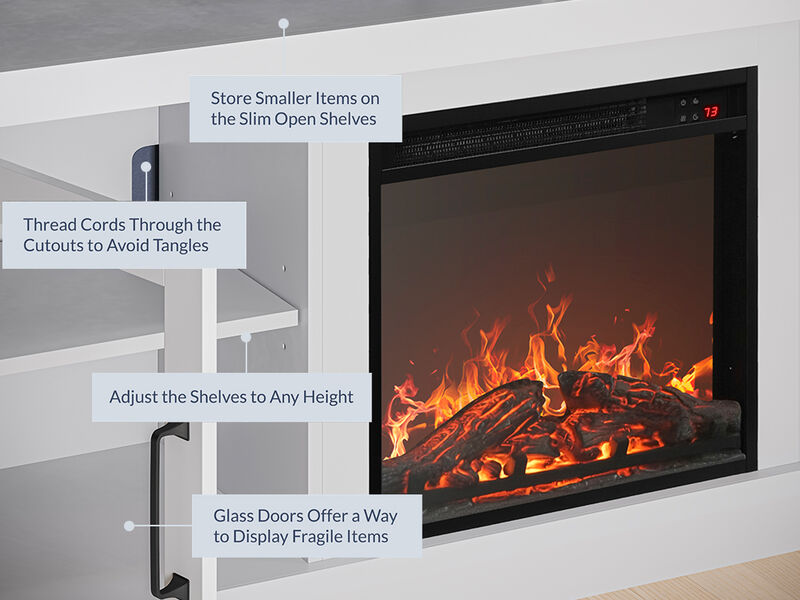 BELLEZE Modern 60" Traditional TV Stand with 18" Electric Fireplace Heater & Media Entertainment Center Console Table for TV up to 65" with Open Storage Shelves & Cabinets - Cayman (White)