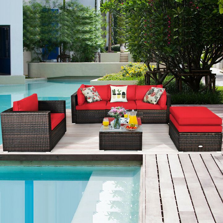 6 Pcs Patio Rattan Furniture Set with Sectional Cushion