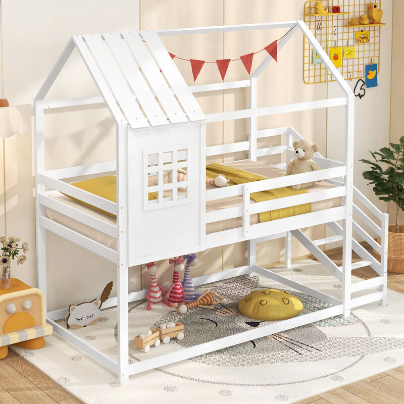 Twin House Bed with Stairs and Roof for Kids