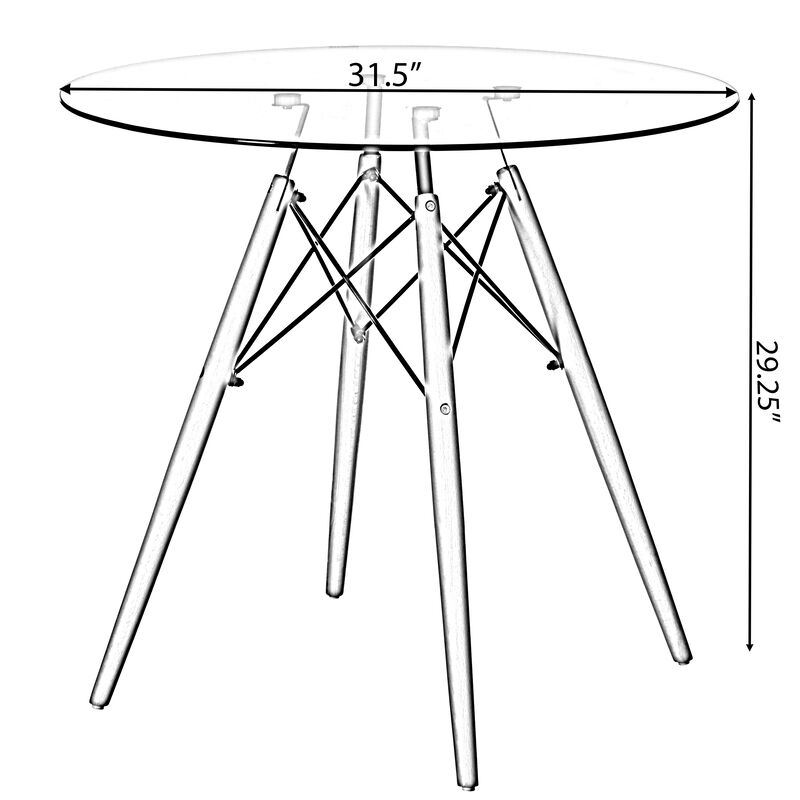 Round Clear Glass Top Accent Dining Table with 4 Beech Solid Wood Legs | Modern Space Saving Small Leisure Circle Desk 31.5" Dia x 29.25" H for Kitchen Dining Room, Living Room