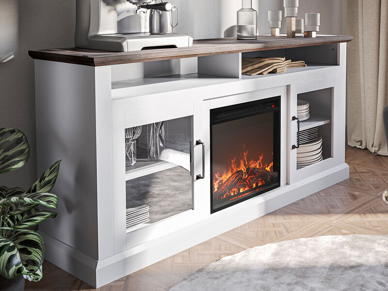 BELLEZE Modern 60" Traditional TV Stand with 18" Electric Fireplace Heater & Media Entertainment Center Console Table for TV up to 65" with Open Storage Shelves & Cabinets - Cayman (White)