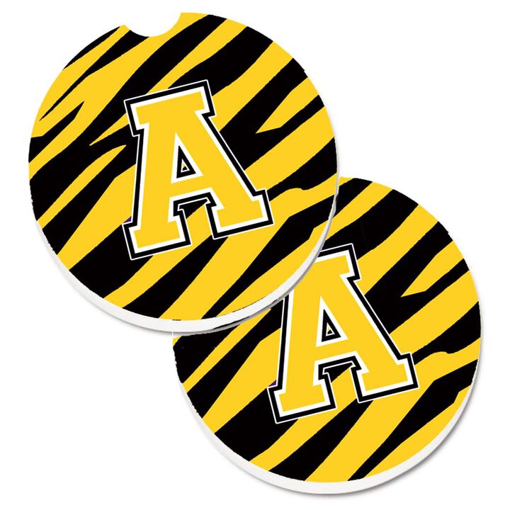 Caroline's Treasures Letter A Monogram - black Gold Tiger Stripe Set of 2 Cup Holder Car Coasters CJ1026-ACARC, 2.56, Multicolor