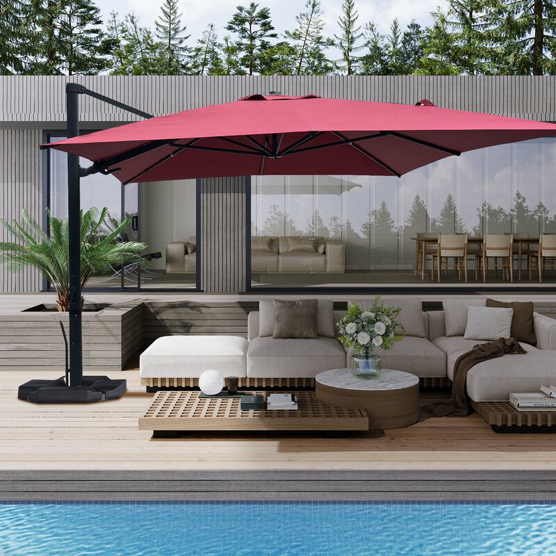 10x10 ft. 360°Rotation Square Cantilever Patio Umbrella with LED Light in Red