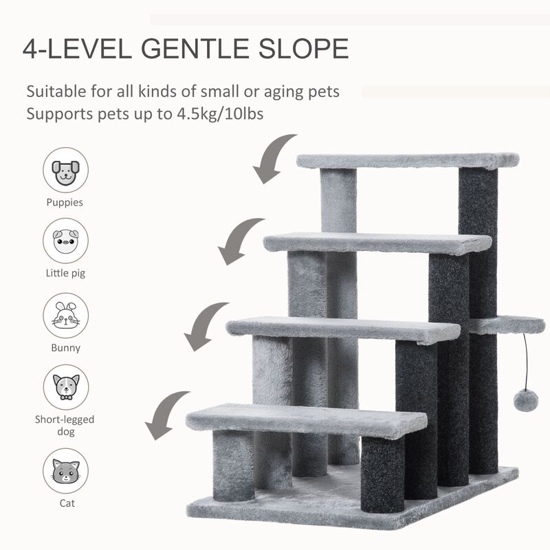 Light Grey Pet Steps: 4-Level Cat Stair & Dog Stairs with Play Ball