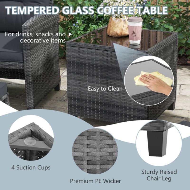 Hivvago 5 Piece Patio Rattan Furniture with 2 Ottomans and Tempered Glass Coffee Table