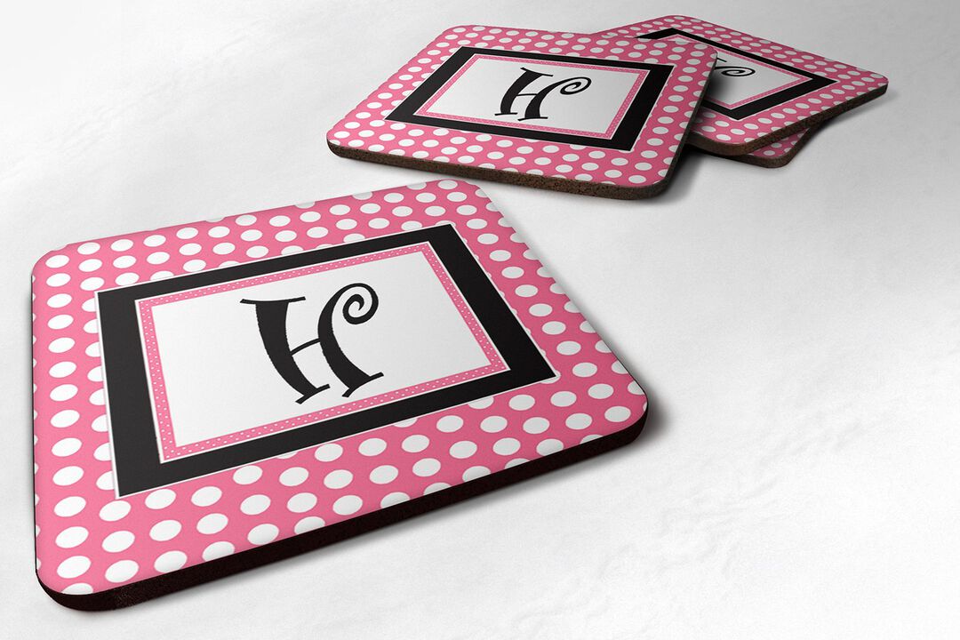 Caroline's Treasures CJ1001-HFC Monogram-Pink Black Polka Dots Foam Coasters (Set of 4), Initial Letter H, 3.5 H x 3.5 W, Multicolor