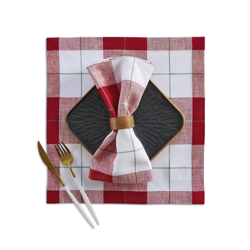 Solino Home 100% Pure Linen Square Placemats 14 x 14 Inch Set of 4 | Very Merry Plaid