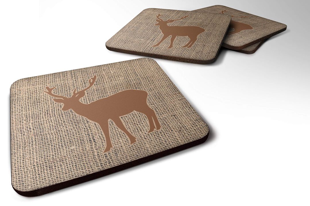 Caroline's Treasures BB1012-BL-BN-FC Deer Burlap and Brown Foam Coasters (Set of 4), 3.5 H x 3.5 W, Multicolor