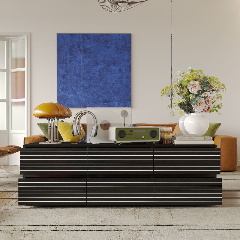 FUFU&GAGA 6-Drawer TV Stand with Sleek Design, Ample Storage, (63" W x 15.7" D x 19.7" H), Black