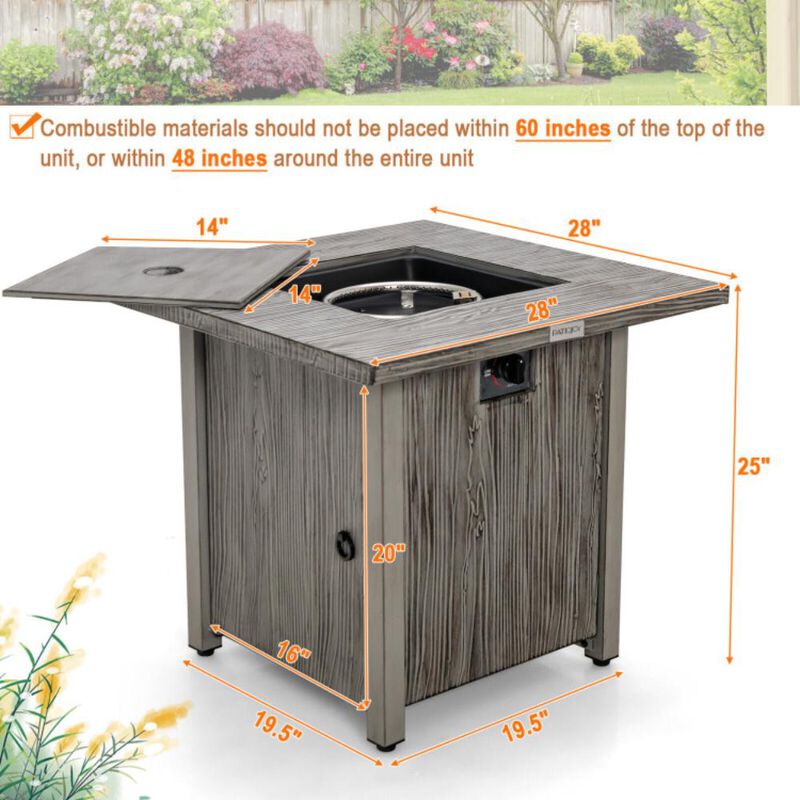 Hivvago 28 Inch 40 000 BTU Square Fire Pit Table with Lid and Lava Rocks-Gray