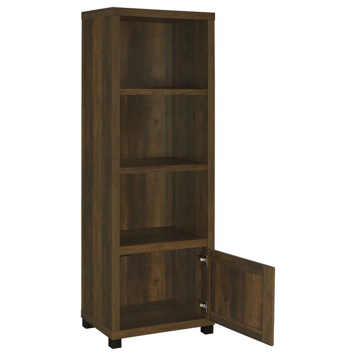 Sac 71 Inch Media Pier Tower with 3 Shelves and Cabinet, Dark Pine Wood - Benzara