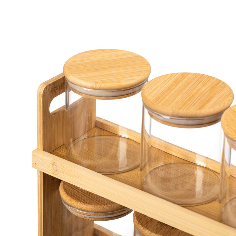 Basicwise Versatile 2-Tier Bamboo Spice Rack and Pantry Organizer with 6 Glass Jars – Perfect for Countertop Storage in Kitchens to Keep  Seasoning Containers Neatly Displayed and Easily Accessible