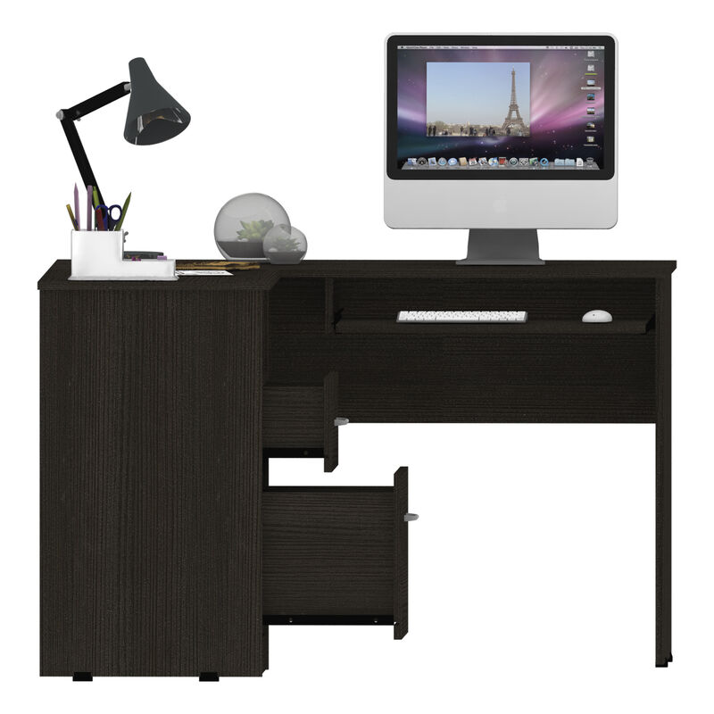 DEPOT E-SHOP Idra L-Shaped Desk, Keyboard Tray, Two Drawers, One Open Shelf, Black