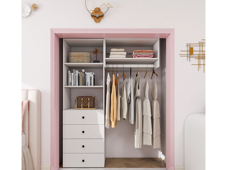 Wood Closet System with 4 Drawers Modular  Storage Cabinet, Hanging Rod and 4 Shelves Clothes Garment Rack Wall Mount or Built-in Organizer for Bedroom