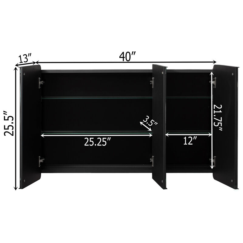 Basicwise 3-Door Aluminum Bathroom Medicine Cabinet, Round Corner Framed Door - Versatile Recessed Medicine Cabinet or Surface Mount, Mirrored Door Cabinet with Adjustable Glass Shelves, Matte Black