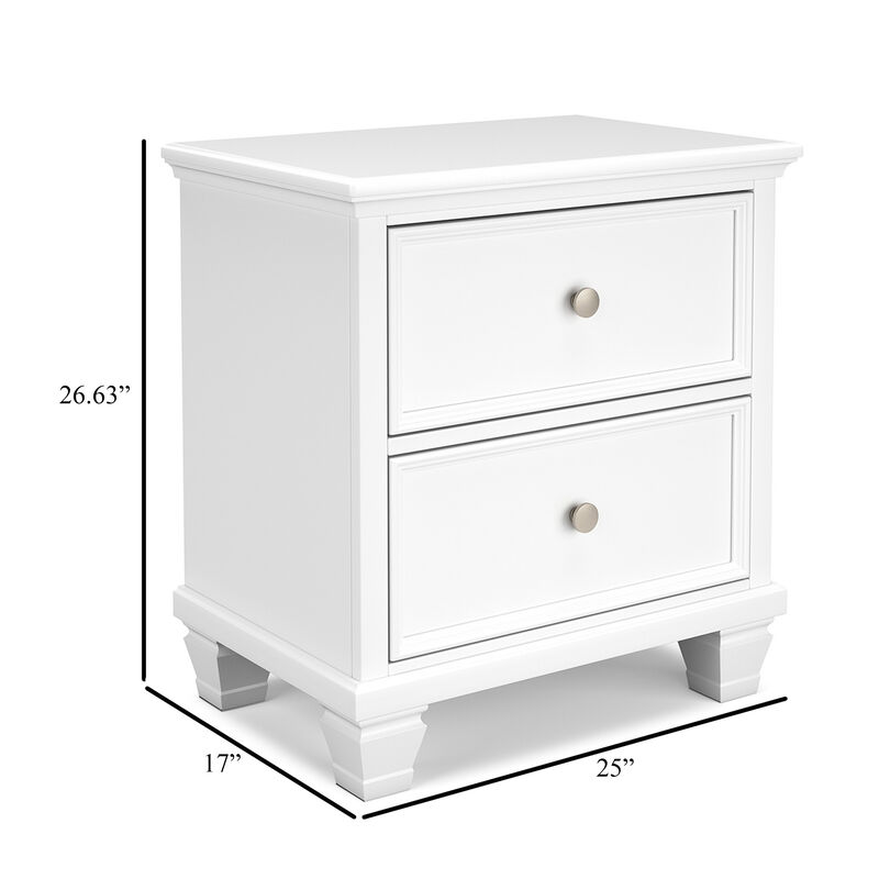 Heno Nightstand, 2 Wide Storage Drawers, Nickel Round Knobs, White - Benzara