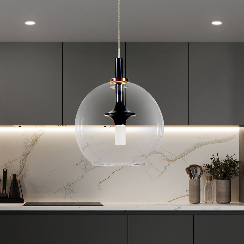VONN Lighting Integrated LED Height Adjustable Pendant Light with Glass Shade in Antique Brass