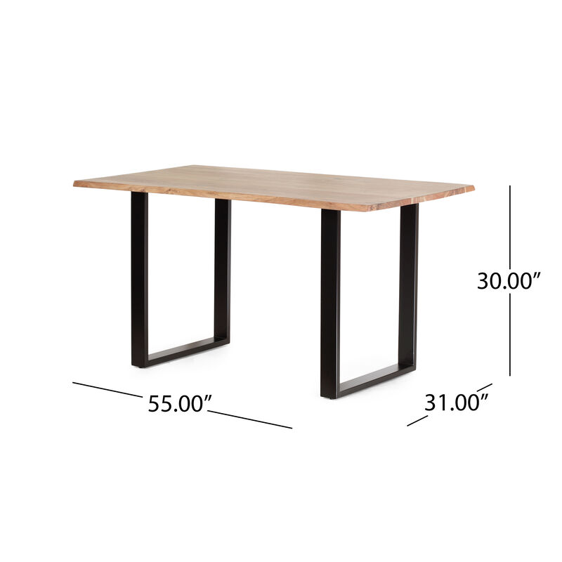 Logan Dining Table, Rectangular Brown Wood Top, Black Iron Legs, 55 Inch - Benzara